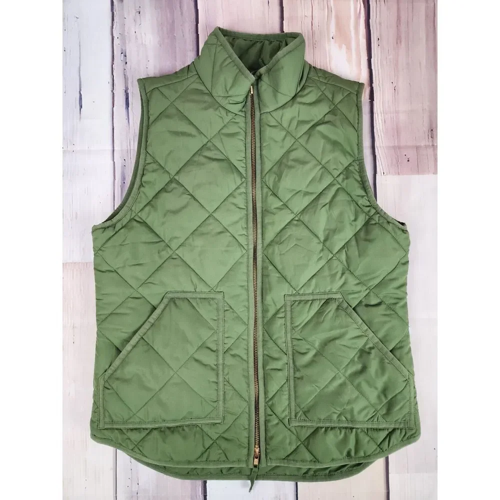 J Crew Size‎ Small Factory Quilted Puffer Vest Green Full Zip G7520 Snap Pockets